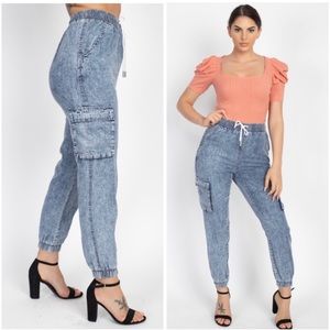 Dark blue acid wash denim joggers